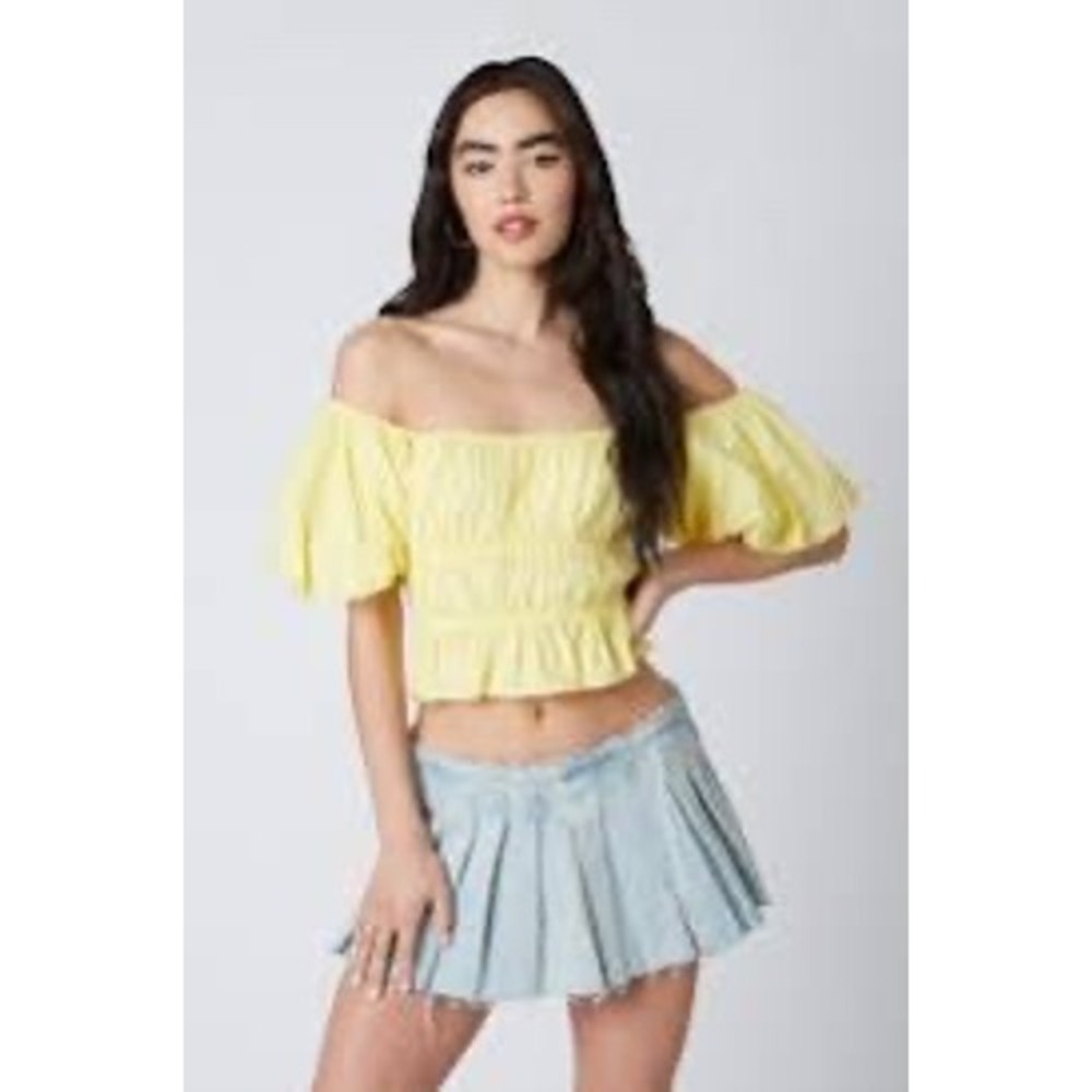 Altar'd State Yellow Smocked Puff Sleeve Crop Top Peplum Blouse Medium